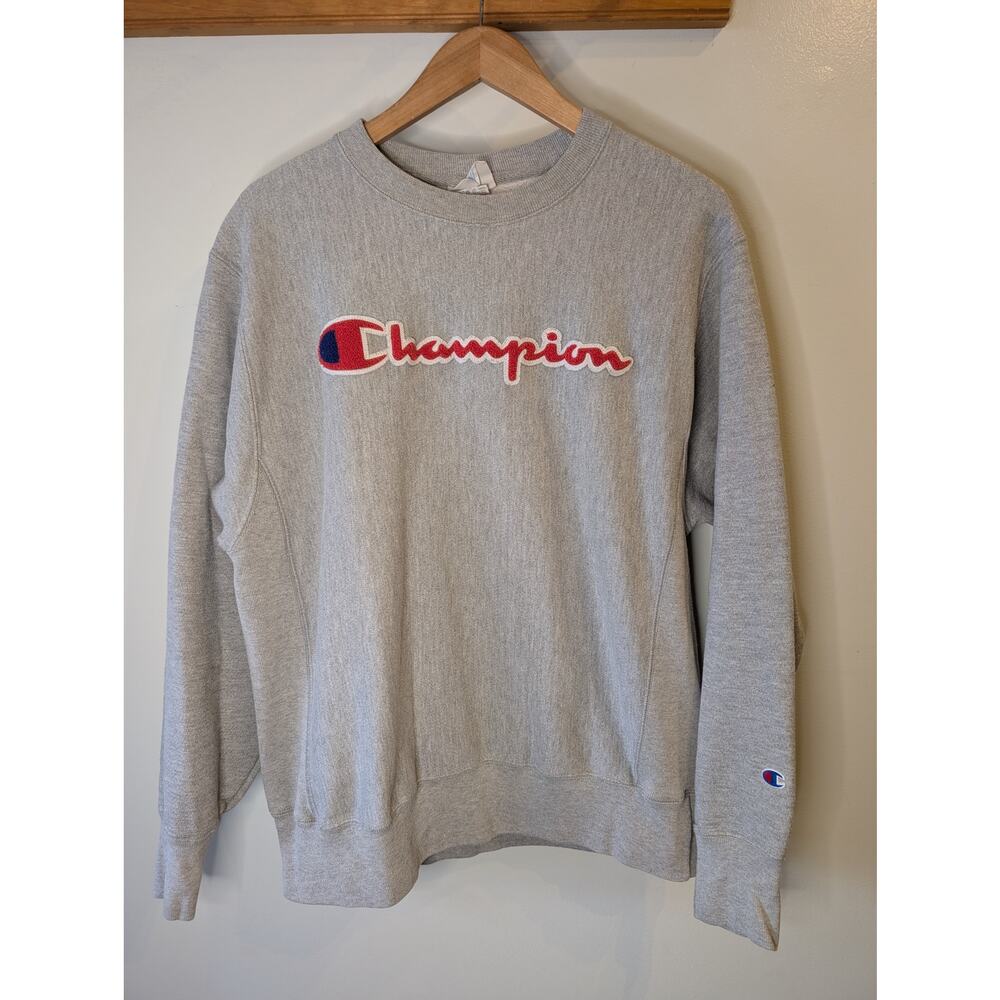 Champion Reverse Weave Gray Script Logo Crewneck Sweatshirt Medium Vintage 90s